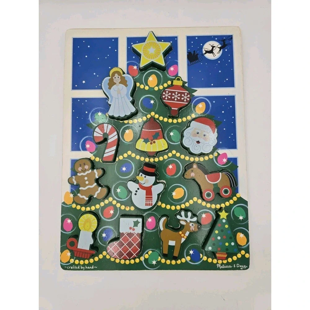2 Melissa & Doug Chunky Puzzle Christmas Tree Santa Reindeer Preschool Wooden
